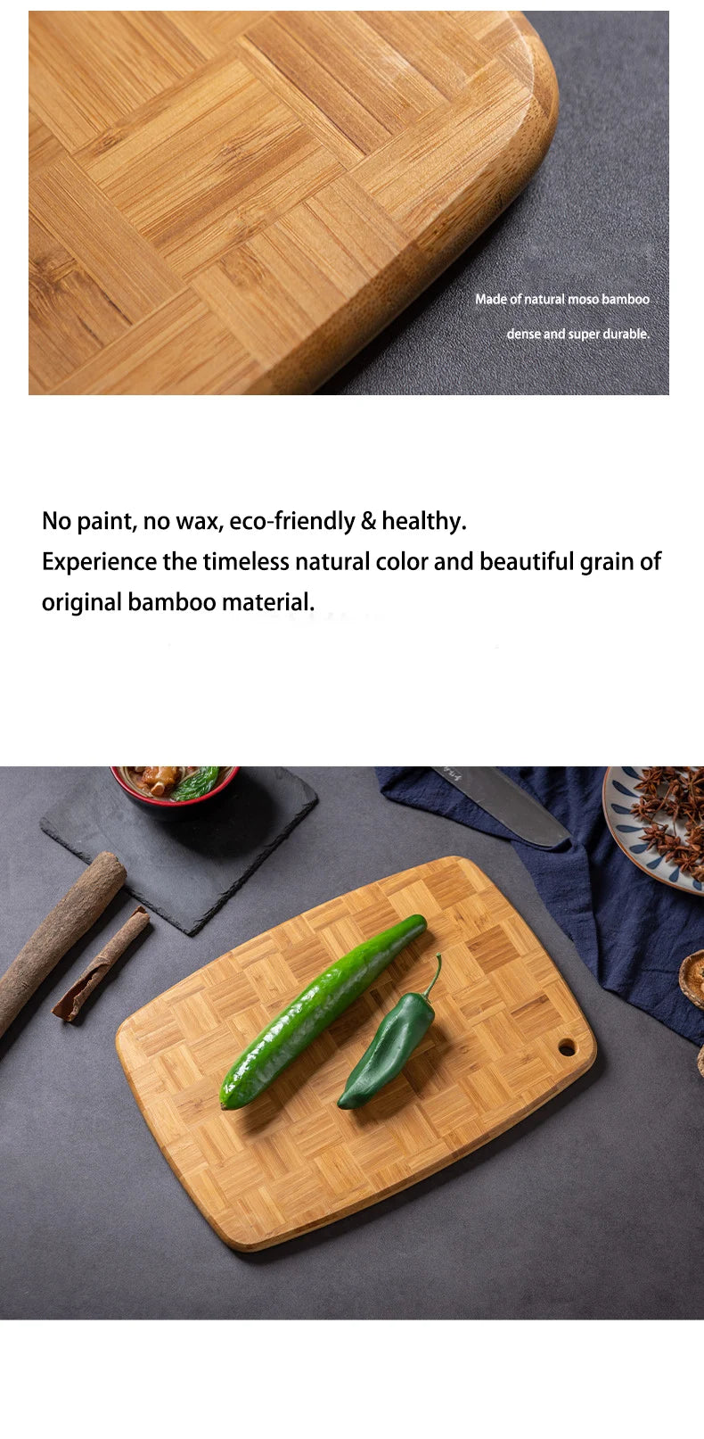 Checkerboard Moso Bamboo Cutting Board, Bamboo Chopping Board with Juice Groove & Hanging Carry Hole, Portable Fruit Vegetable
