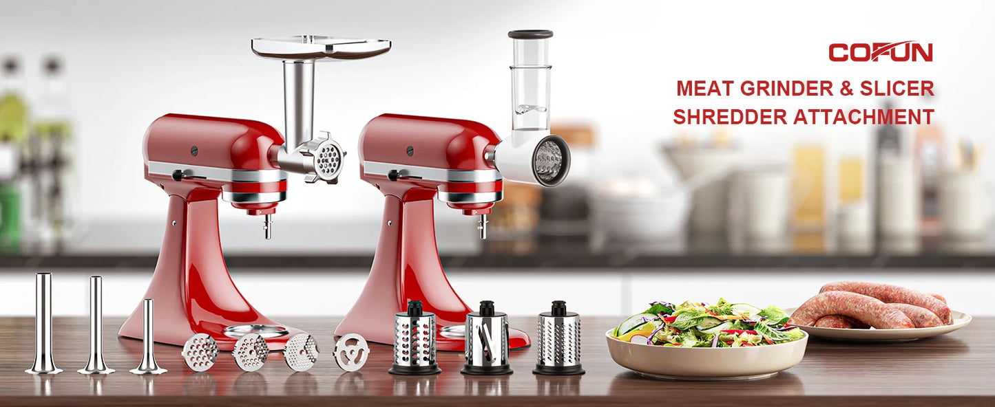 Meat Grinder and Slicer Shredder Attachments for KitchenAid Stand Mixer 2 Piece Set with Sausage Stuffer Tubes