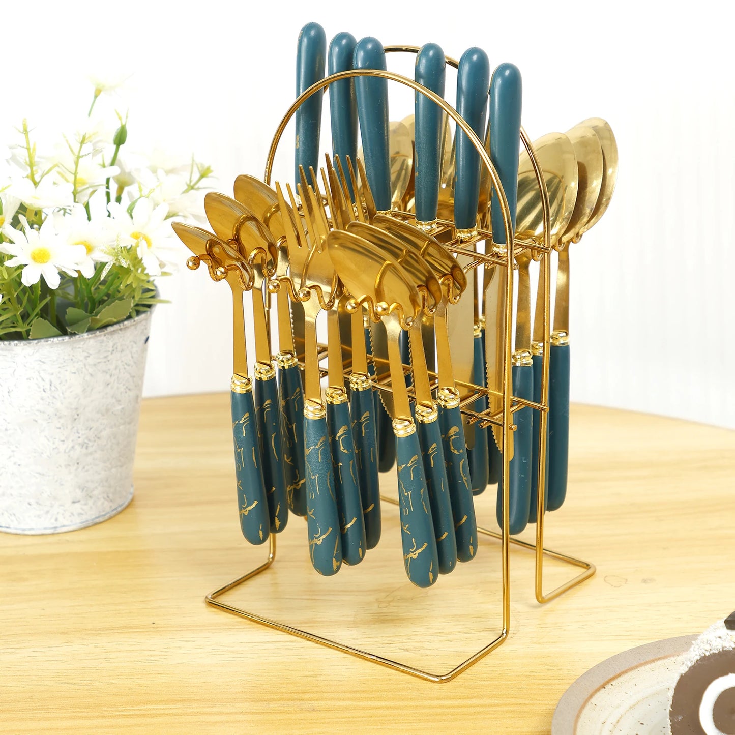 24Pcs Tableware Set with Holder Stainless Steel Cutlery Set Service for 6 Utensils Set Mirror Polished Forks Knives Spoon Set