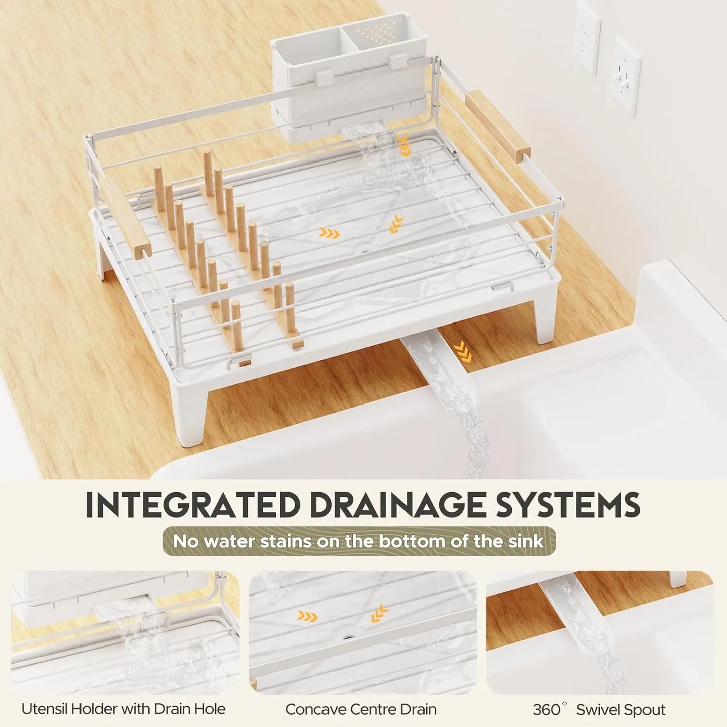 Upgrade Dish Racks for Kitchen Counter Carbon Steel Dish Drainer with Removable Cutlery Holder & Drainboard, White