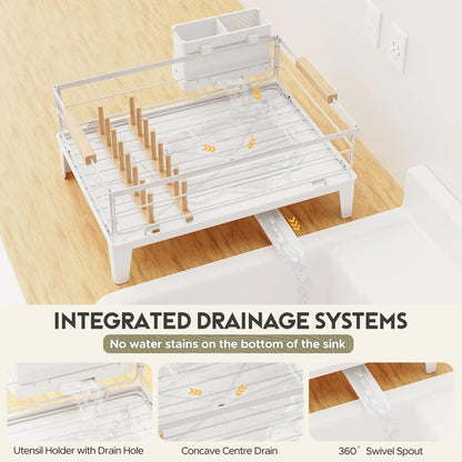 Upgrade Dish Racks for Kitchen Counter Carbon Steel Dish Drainer with Removable Cutlery Holder & Drainboard, White