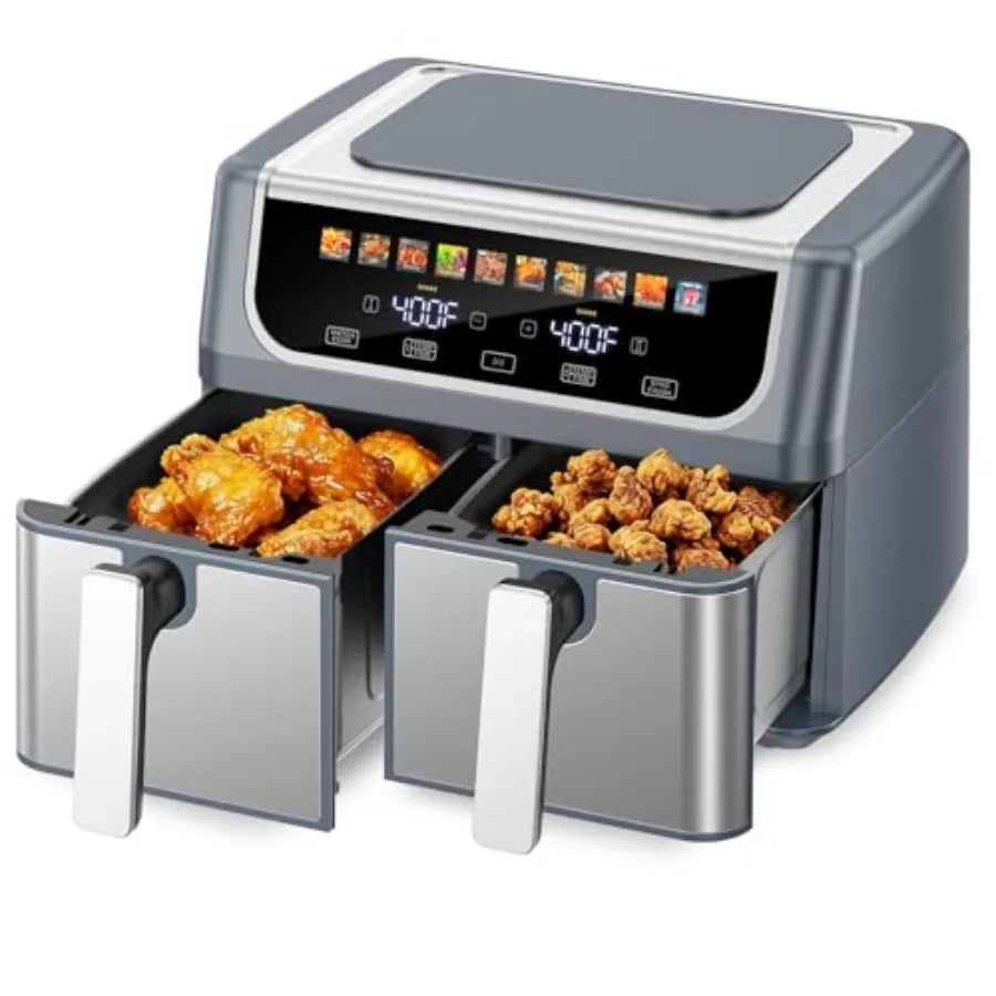 10-in-1 Air Fryer for Kitchen Use, Grey Aluminum Alloy, Grey, 9.5 QT Large Capacity with Dual Independent Baskets, Sync Finish