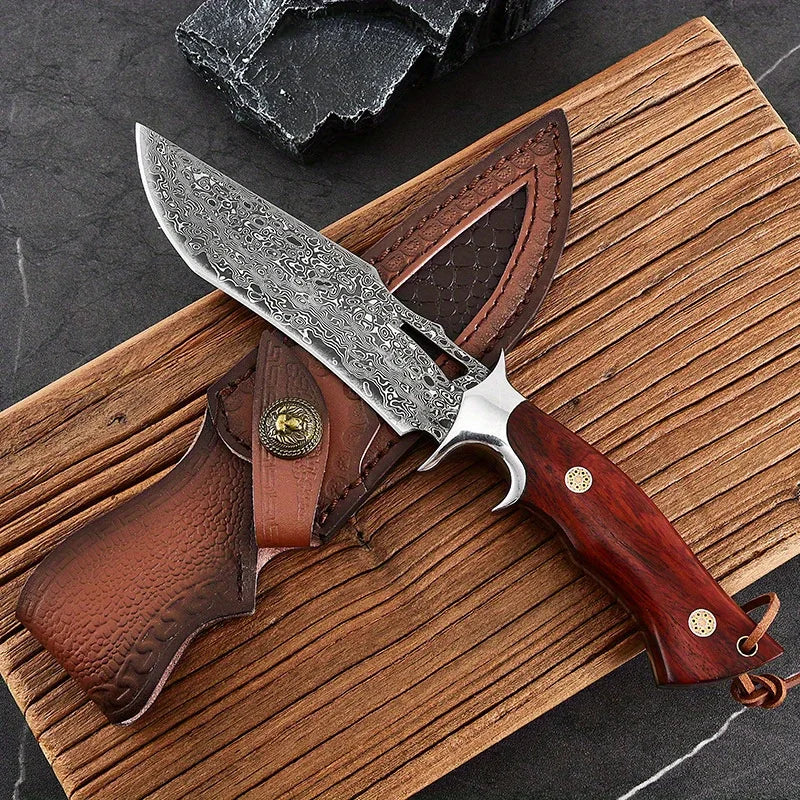 Damascus advanced straight knife, fixed blade, wooden handle and leather scabbard, easy to carry, fast cutting, loved by men
