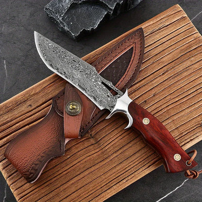 Damascus advanced straight knife, fixed blade, wooden handle and leather scabbard, easy to carry, fast cutting, loved by men