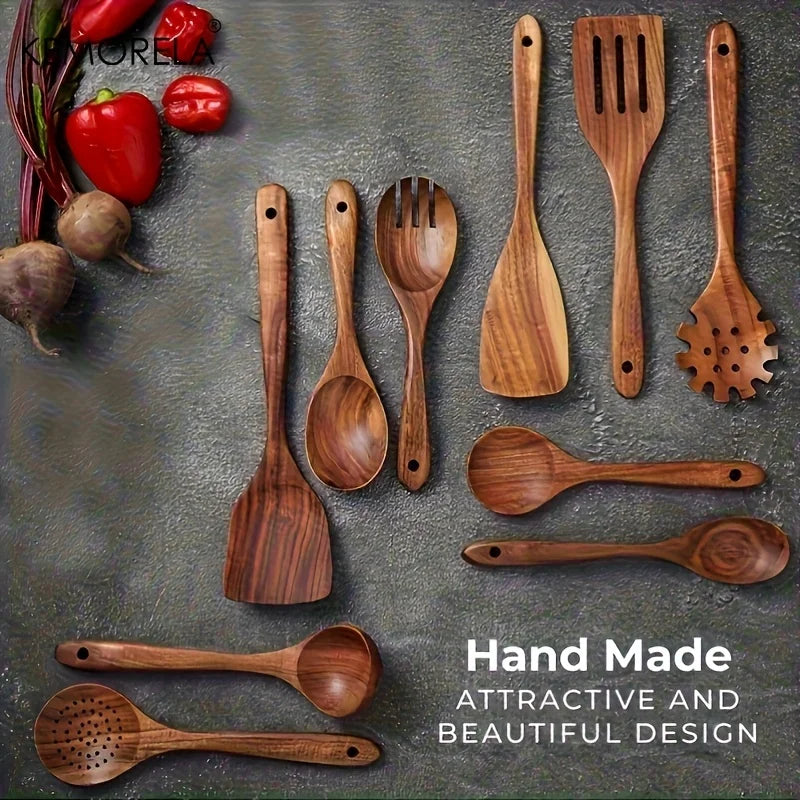 KEMORELA 10PCS Natural Wooden Spoon Set Cooking Utensils for Salad Soup Noodles Kitchen Utensil Kit with Spoons Ladles