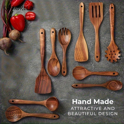 KEMORELA 10PCS Natural Wooden Spoon Set Cooking Utensils for Salad Soup Noodles Kitchen Utensil Kit with Spoons Ladles