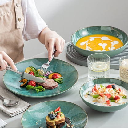 Vancasso KARST 16/32/48 Piece Green Embossed Stoneware Tableware Set with Dinner/Dessert Plate/Soup Bowl/Mug Service for 4/8/12