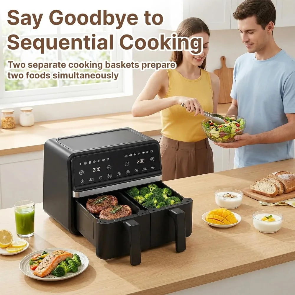 Dual Air Fryer 9QT (2x4.5QT) 2200W, 2 Independent Baskets, Sync & Match Cooking for Family