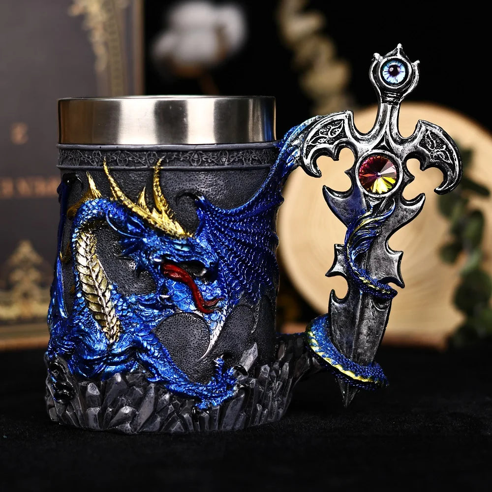 Medieval Dragon Sword Coffee Mug Stainless Steel Resin Insert Beer Mugs Steins Tankard Dragon Themed Party Decor Friends Gift