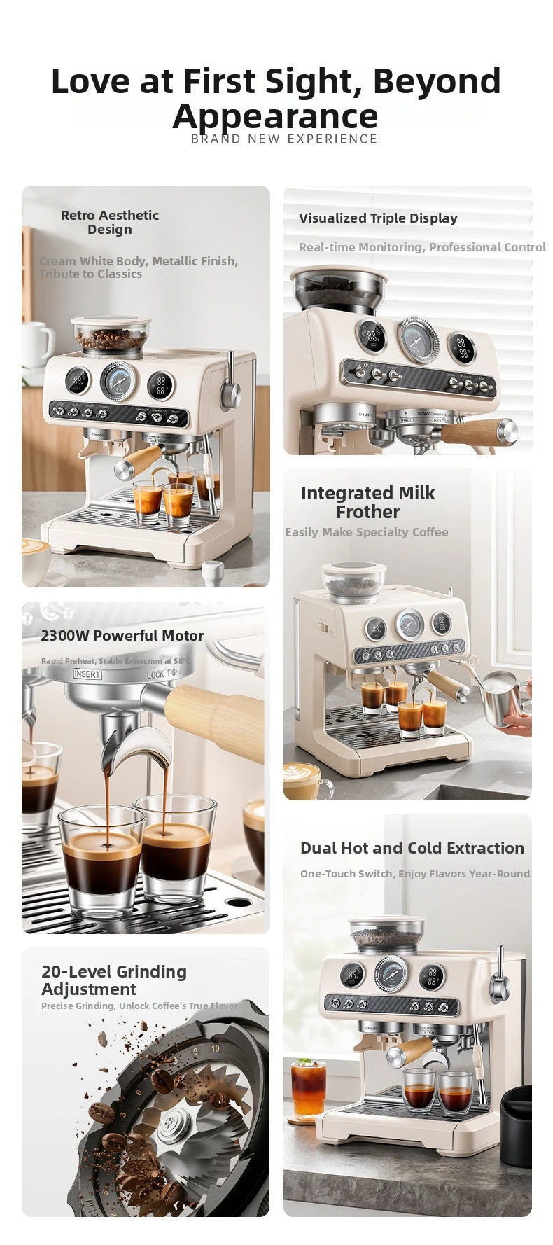 Semi-Automatic Espresso Coffee Machine, Dual Pump Cold & Hot Brew, Built-in Grinder, High Pressure 20 Bar, Compact Home Espresso