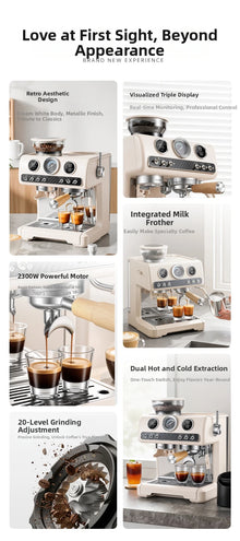 Semi-Automatic Espresso Coffee Machine, Dual Pump Cold & Hot Brew, Built-in Grinder, High Pressure 20 Bar, Compact Home Espresso