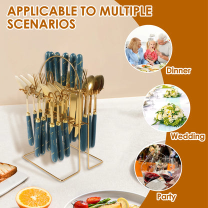 24Pcs Tableware Set with Holder Stainless Steel Cutlery Set Service for 6 Utensils Set Mirror Polished Forks Knives Spoon Set