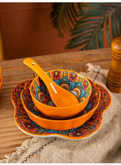 Bohemia Ceramic Rice Bowl Serving Plate Creative Ceramic Cutlery Soup Noodle Bowl Household Handle Bowl Sauce Dish