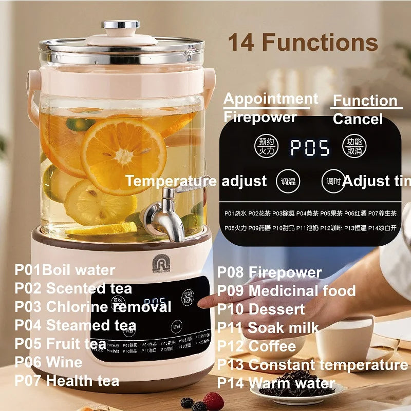 1200W/3L Home Electric Kettle Multifunctional Health Pot Glass Flower Teapot Soup Stew Pot Commercial Faucet Fruit Tea Bucket