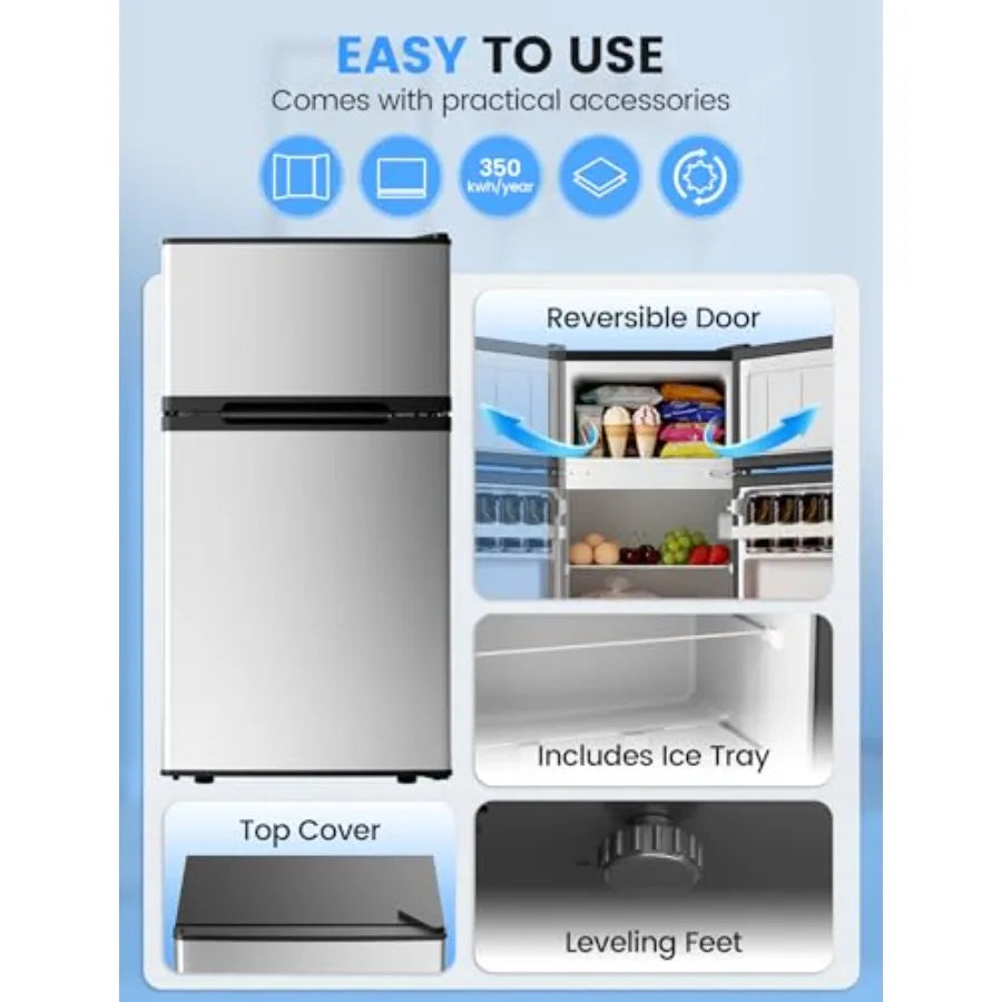 Dorm fridge with freezer for bedroom, office, kitchen, dorm: silver stainless steel, 2.5 cu.ft capacity, double reversible door