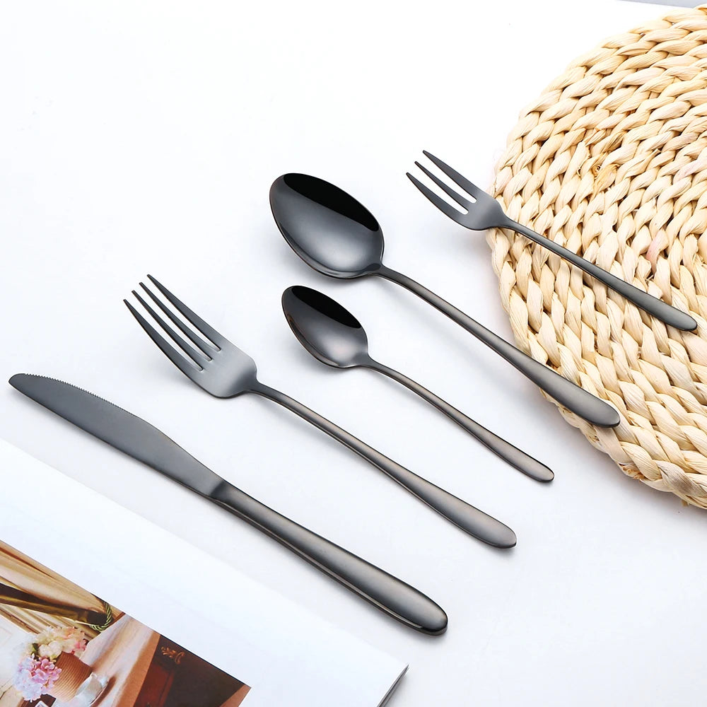 30/35/40 Pieces Western Tableware Stainless Steel Black Cutlery Set Elegant Dinner Set Mirror Knife Fork Spoon Kitchen Utensils