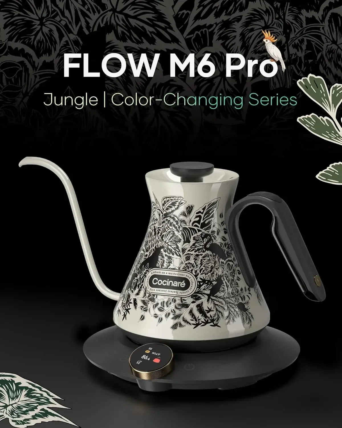 FLOW M6 Pro Electric Gooseneck Kettle with Color-Changing Design, ±0.5℉ Temperature Control for Pour-over Coffee & Tea, Stainles