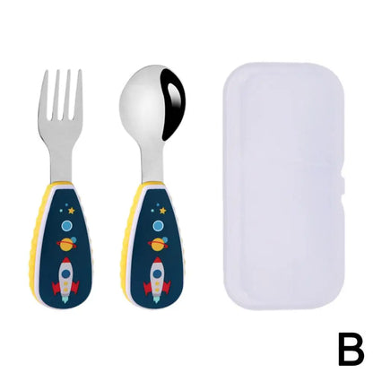 2Pcs Toddler Utensils Cute Toddler Feeding Spoon And Fork Set 304 Steel Cartoon Spoon And Fork Set