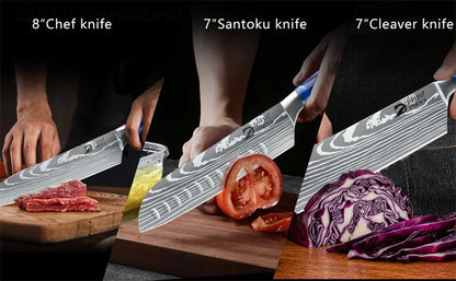 MDHAND 8pcs Kitchen Knife Damascus Stainless Steel Chef Knife Utility Paring Boning Cleaver Slicing Santoku Knives Nylon Bag