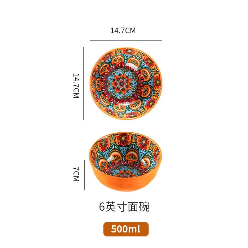 Bohemia Ceramic Rice Bowl Serving Plate Creative Ceramic Cutlery Soup Noodle Bowl Household Handle Bowl Sauce Dish