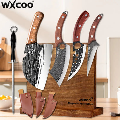 WXCOO Kitchen Knife for Cooking BBQ Lamb Beef Meat Cleaver Fruit Slicing Hand forged Butcher Knife Magnetic Knife Holder Set