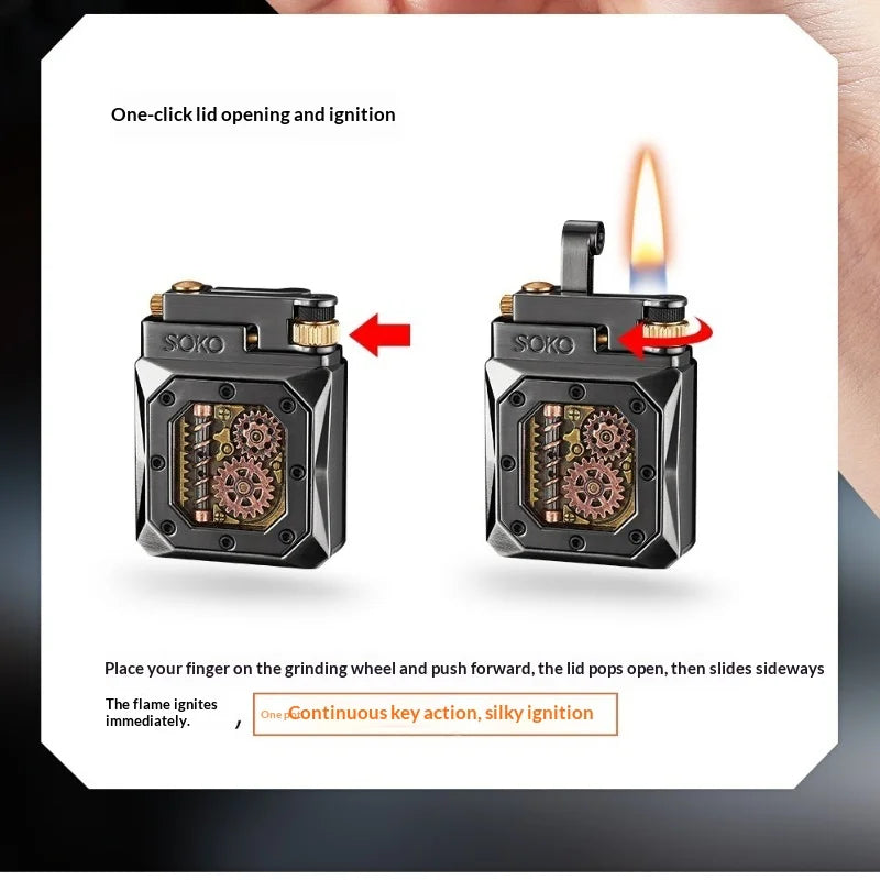 2026 Mechanical Style Press Open Cover Open Flame Kerosine Lighter Zinc Alloy Double sided Pattern Visual Oil Tank Lighters Gift