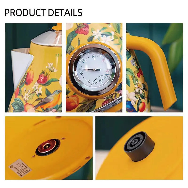 1850W Retro Printed Paint Electric Kettle With Temperature Display 304 Stainless Steel Boiling kettle Teapot Auto Power Off 1.7L