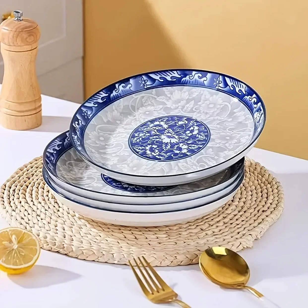 6pcs Elegant Blue And White Ceramic Dinnerware Set, Large Round Plates with Floral Design, Microwave And Dishwasher Safe, Suitab