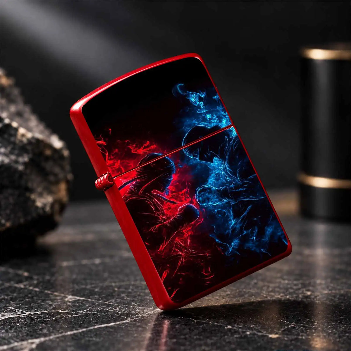 Stylish Cool Neon Red Blue Facing Ninjas Themed Portable Igniter, Art Printed Personal Carry Ignition Tool, Perfect For Daily Use, Travel, Gatherings, Outdoor Activities, Ideal Gift For Friends, Hobbyists For And Daily Practi