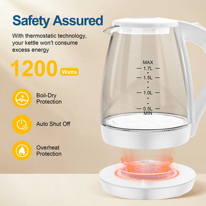 Electric Kettle with Water Dispenser - 1.7L Elegant Glass Tea Pot, 1200W Fast Boiling, LED Indicator, Auto-Shutoff