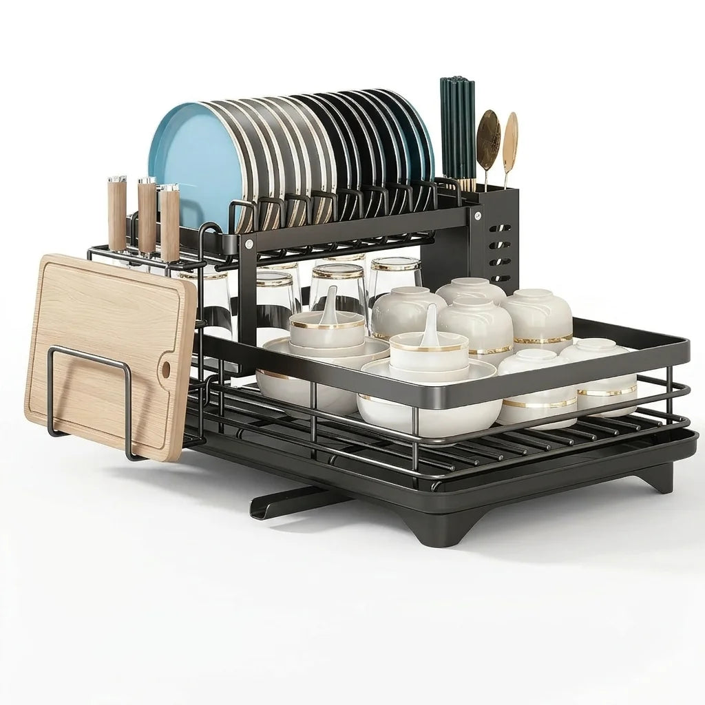 2-Tier Carbon Steel Dish Drying Rack for Kitchen Counter, Large Capacity Dish Drainer with 360° Swivel Spout, Rust-Proof Utensil & Cutting Board Holder