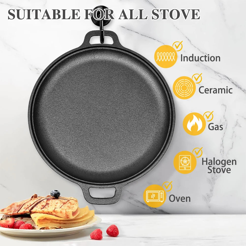 Multi-Function Cast Iron Griddle Skillet - Non-Stick Pan For Pizza, BBQ, Pancakes - Compatible with All Stovetops