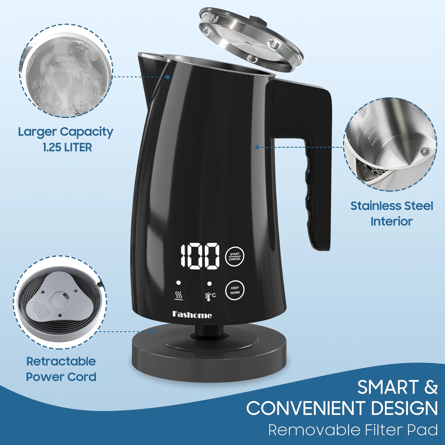 1.25L Electric Kettle Temperature Control, 1200W Fast Boil Electric Tea Kettle, Digital LED Display, 304 Stainless Steel Inner, Auto Shut Off, 2Hour Keep Warm, Hot Water Boiler For Coffee & Tea