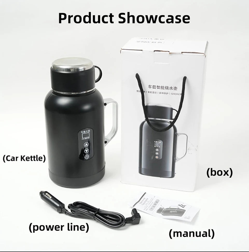 12V/24V Universal Car Kettle 1300ML/1500ML Large Capacity Smart Electric Water Heater LCD Display Temperature Control Stainless