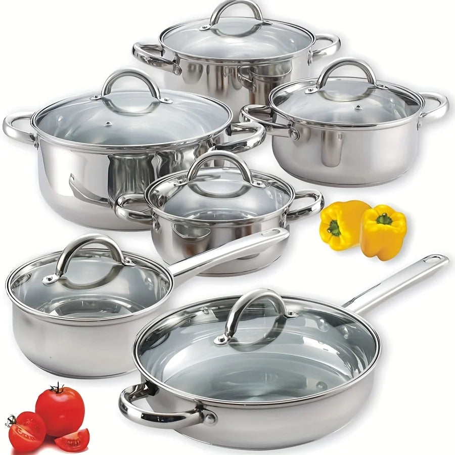 10/12pcs- Stainless Steel Pots And Pans 6pots+6pots - Heavy-Duty, Non-stick Cookware Set with Lid for Stew, Simmering, Soup -