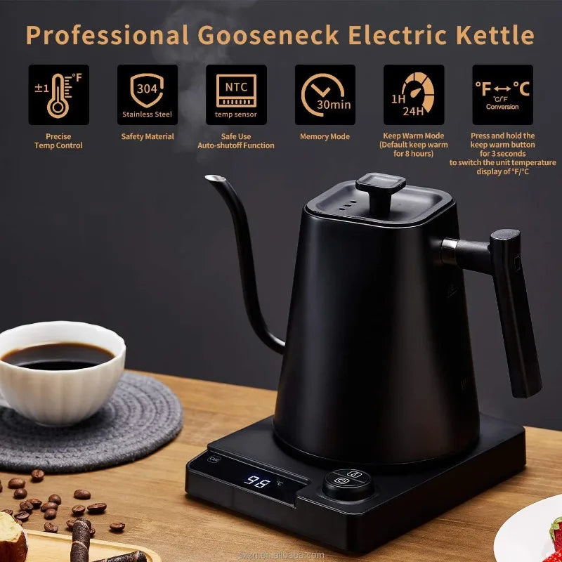 Electric Gooseneck Kettle Quick Heating Stainless Steel Pour-Over 1L 1200W Coffee Tea Pot for Hotel Household Coffee Product