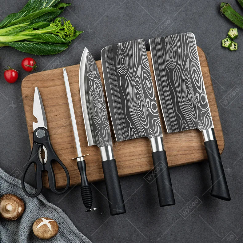 WXCOO Stainless Steel Durable Chef Knife Set Meat Cleaver Fruit Slicing Handmade Forged Kitchen Knife Butcher Knife Scissor