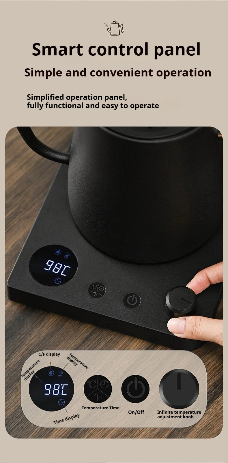 Gooseneck Electric Kettle 1L: Smart Temp Control for Pour-Over Coffee, Fast Boil Stainless Steel, 110V & 220V