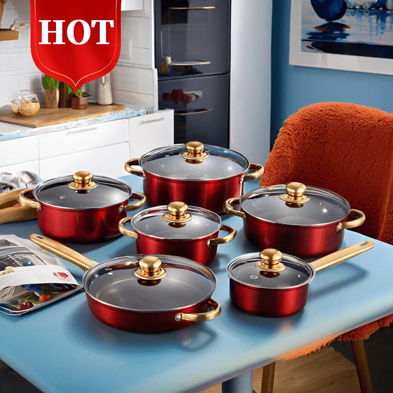 us12pcs Red Pot Set, Stainless Steel, Non-Stick Pan, Kitchen Cookware Set, Non-Stick Cooking Set, A Variety of Pots to Meet All Kitchen Needs, The Most Beautiful And Practical Gift for Mothersd