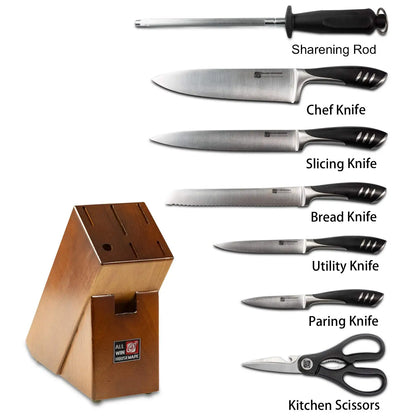 Premium 8-piece German 1.4116 Stainless Steel Kitchen Knives Sets Double Forged Full Tang Chef Knife Set With Rubber Wood Block