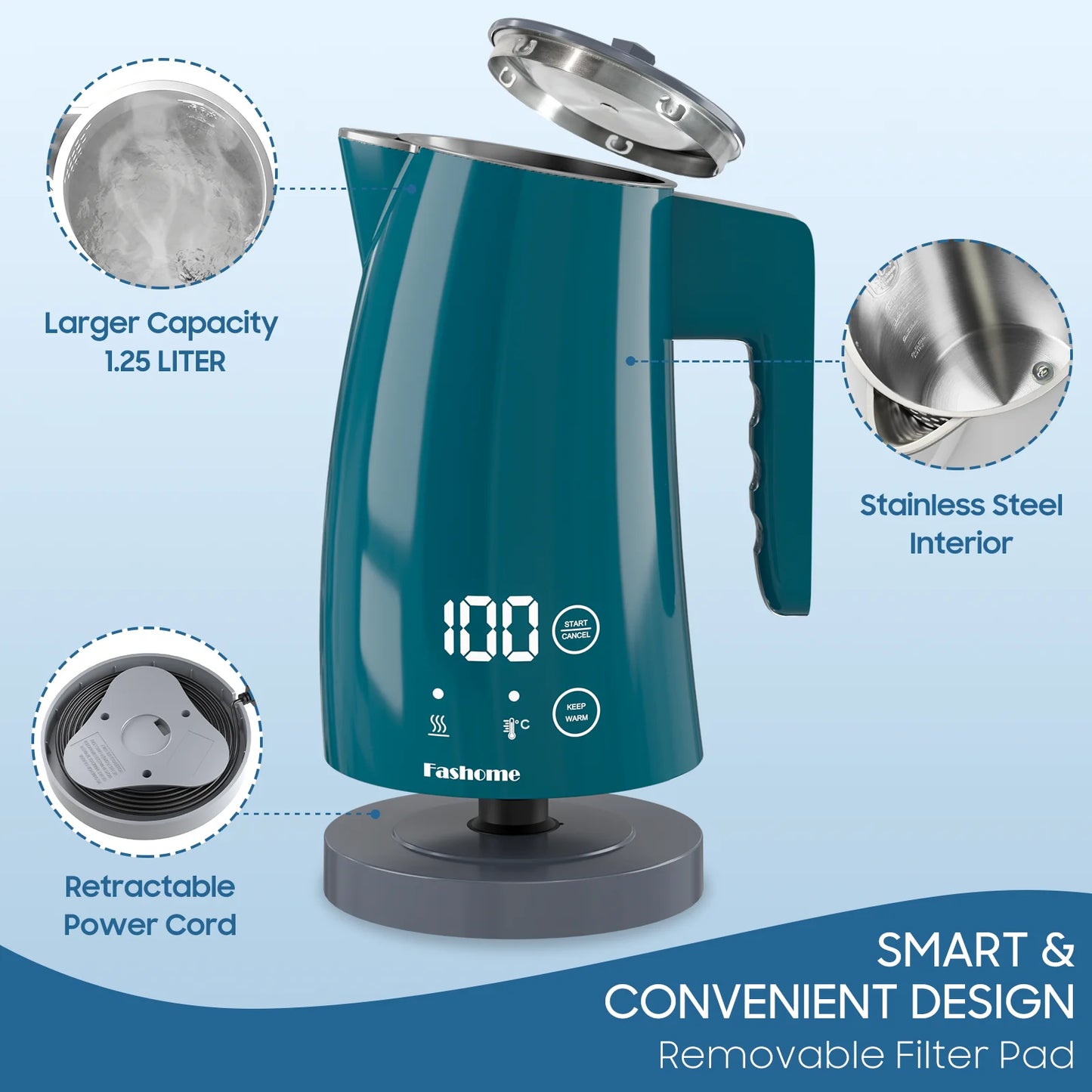 1200W Electric Kettle 1.25L Fast Boiling Electric Pot Coffee Tea Kettle Water Boiler, 2 Hour Keep Warm, Temperature Control Teapot Home Kitchen Water Heater