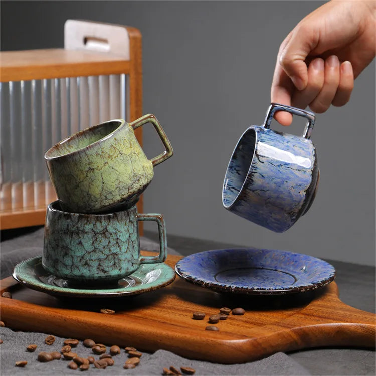 Traditional Arabic Coffee Cup and Dish Set Middle Eastern Style Kiln Transformed Coarse Ceramic Retro Handmade Mug