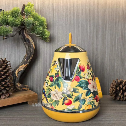 1.7L Retro Yellow Paint Decal Electrc Kettle Boiling Water with Thermometer Automatic Power Off 304 stainless Steel Teapot 1850W