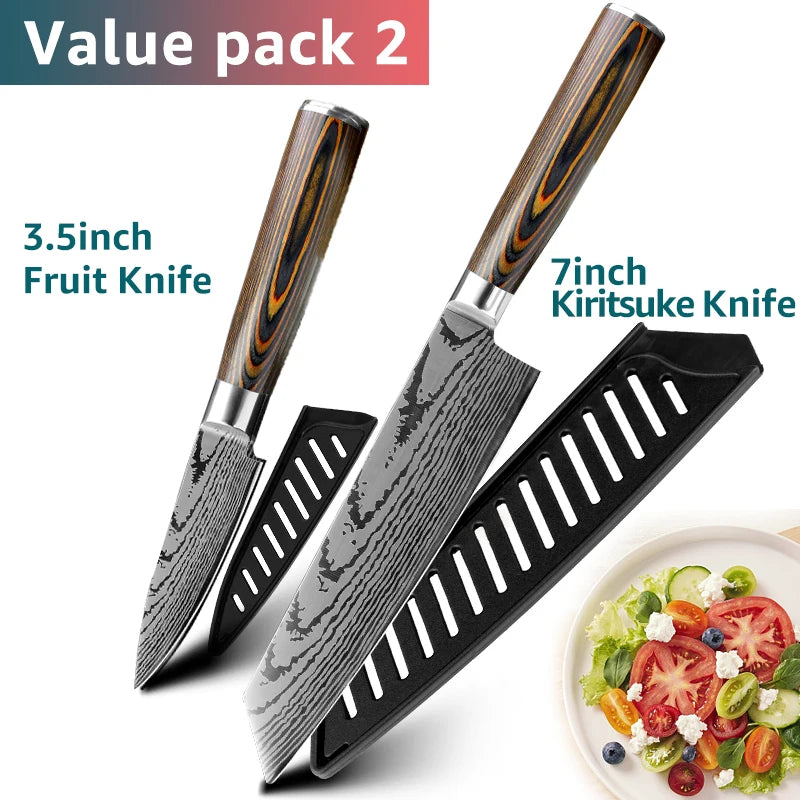Kitchen Knife Set Professional Chef Knife 7CR17 Germany Stainless Steel Damascus Laser Meat Cleaver Slicing Santoku Cutter Tools