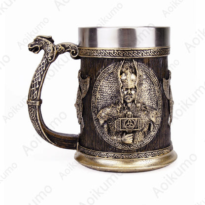 Norse Mythology Odin Thor Mug Tankard 304 Stainless Steel Resin 3D Retro Beer Stein Birthday God of War Lover Gift 600ml 20 oz