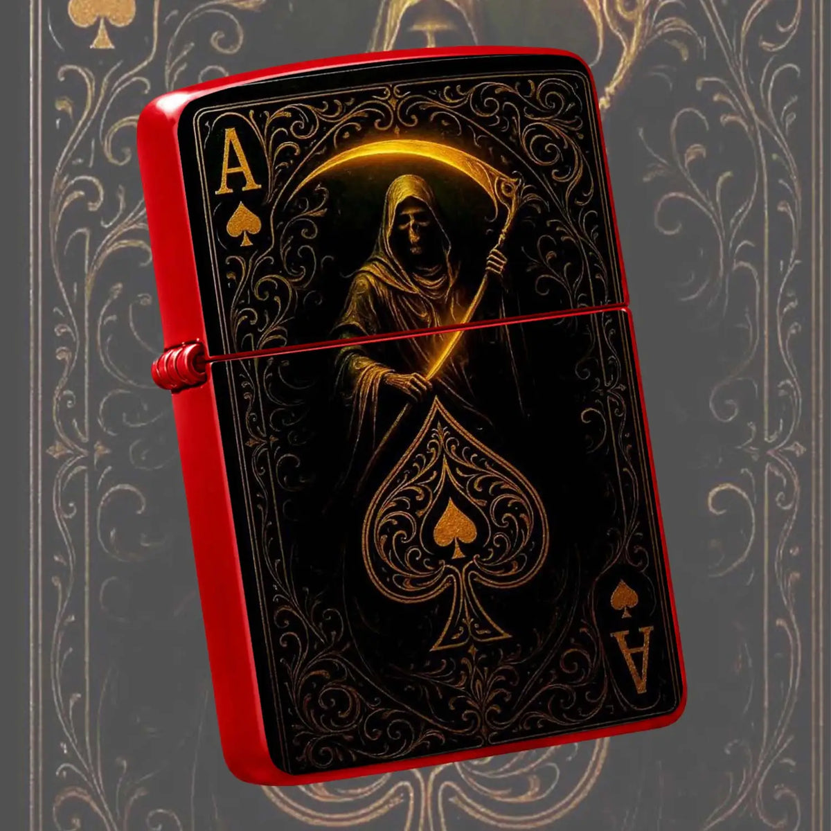 Retro Grim Reaper Ace Of Spades Themed Lighter, Exquisite Gold Foil Engraved Art Stylish Accessory, Portable Versatile Daily Use Ignition Tool, Unique Creative Present For Party Travel Gatherings All Scenarios A Humorous And