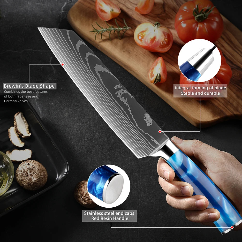 Stainless Steel Chef Knife Kitchen Knife Set 1-8Piece Razor-Sharp Paring Knife, Boning Knife, Santoku Knife, Blue Resin Handle