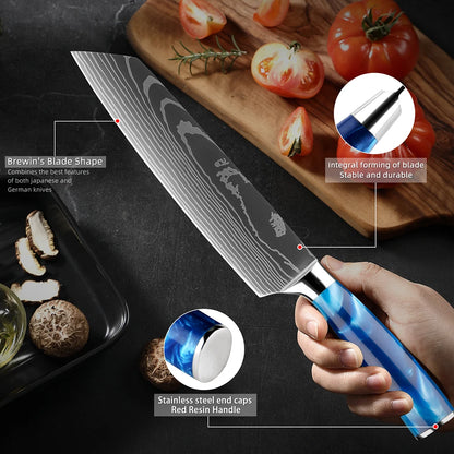 Stainless Steel Chef Knife Kitchen Knife Set 1-8Piece Razor-Sharp Paring Knife, Boning Knife, Santoku Knife, Blue Resin Handle
