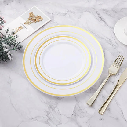 200PCS Gold Disposable Party Plates Set, 100 Dinner & 100 Dessert Plates for Wedding Birthday Events