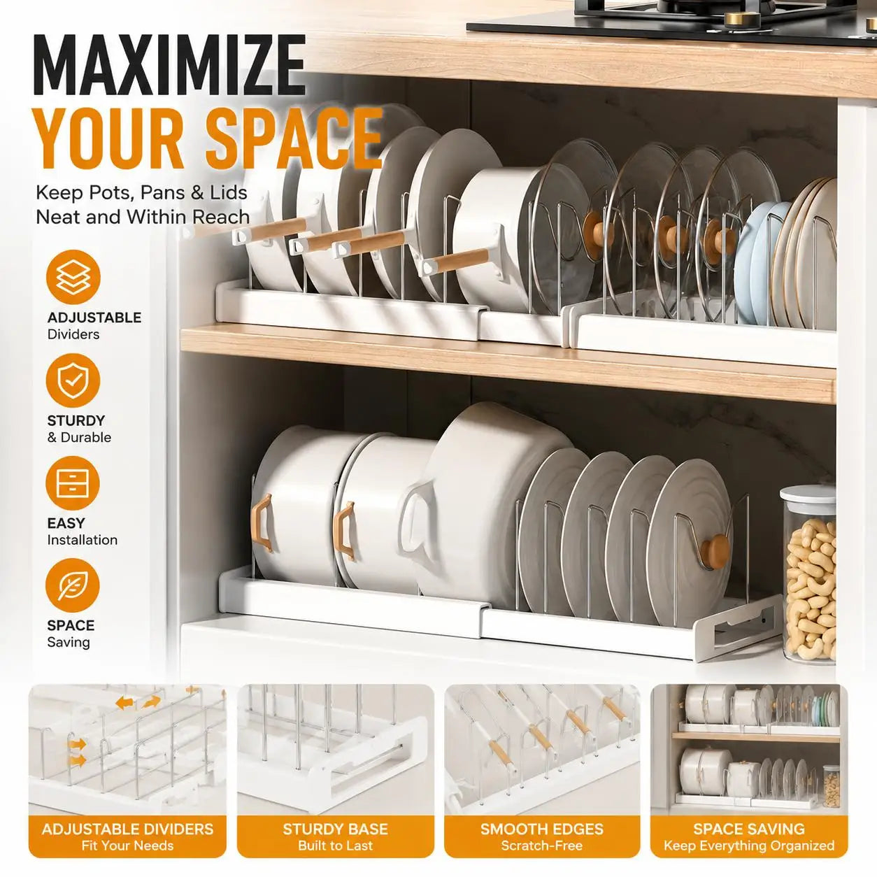 ABS Expandable Pot and Pan Organizer Rack Adjustable Kitchen Cabinet Cookware Storage Holder with Dividers for Pot Lids Baking Pans Under Sink Drawer Space Saver Home Pantry Accessories